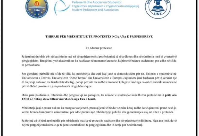  Studentët thirrje profesorëve: Bashkohuni në protestën e 6 prillit për të drejtat në arsim