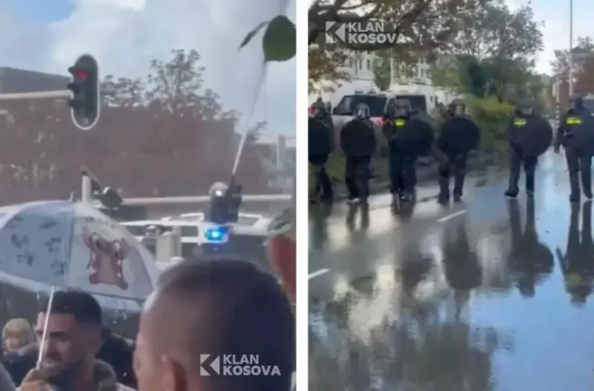  Policia në Hagë hedh ujë ndaj qytetarëve që t’i largojnë ata nga ambientete Gjykatës Speciale